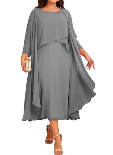 JIIL Chiffon Brautmutterkleider mit Jacke - Damen 2 Stück Formal Abendkleider 3/4 Ärmel Hochzeit Gast Kleid Grau 54 von JIIL