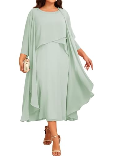 JIIL Chiffon Brautmutterkleider mit Jacke - Damen 2 Stück Formal Abendkleider 3/4 Ärmel Hochzeit Gast Kleid Grün Grau 40 von JIIL