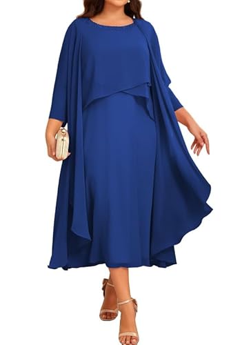 JIIL Chiffon Brautmutterkleider mit Jacke - Damen 2 Stück Formal Abendkleider 3/4 Ärmel Hochzeit Gast Kleid Königsblau 46 von JIIL