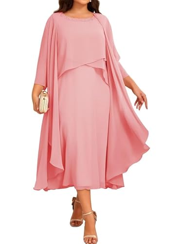 JIIL Chiffon Brautmutterkleider mit Jacke - Damen 2 Stück Formal Abendkleider 3/4 Ärmel Hochzeit Gast Kleid Koralle 48 von JIIL