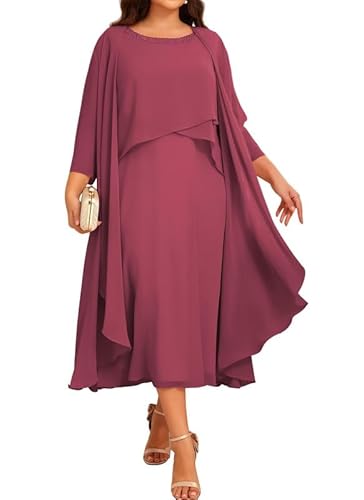 JIIL Chiffon Brautmutterkleider mit Jacke - Damen 2 Stück Formal Abendkleider 3/4 Ärmel Hochzeit Gast Kleid Maulbeere 42 von JIIL