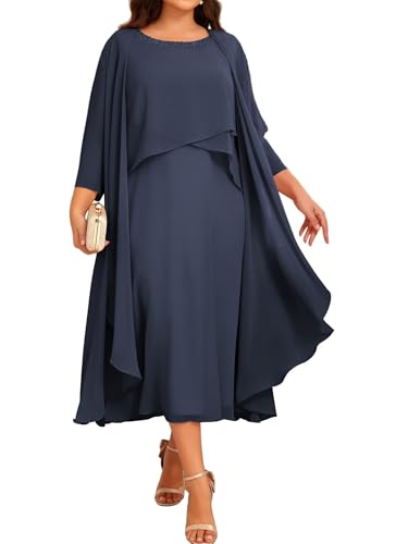 JIIL Chiffon Brautmutterkleider mit Jacke - Damen 2 Stück Formal Abendkleider 3/4 Ärmel Hochzeit Gast Kleid Navy Blau 52 von JIIL