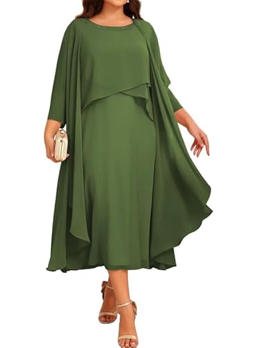 JIIL Chiffon Brautmutterkleider mit Jacke - Damen 2 Stück Formal Abendkleider 3/4 Ärmel Hochzeit Gast Kleid Olivgrün 44 von JIIL