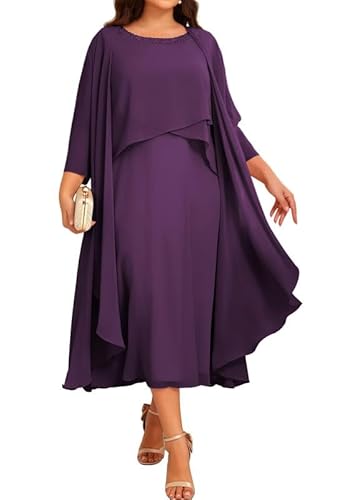 JIIL Chiffon Brautmutterkleider mit Jacke - Damen 2 Stück Formal Abendkleider 3/4 Ärmel Hochzeit Gast Kleid Pflaume 42 von JIIL