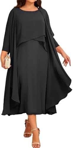 JIIL Chiffon Brautmutterkleider mit Jacke - Damen 2 Stück Formal Abendkleider 3/4 Ärmel Hochzeit Gast Kleid Schwarz 52 von JIIL