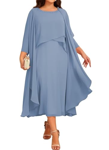 JIIL Chiffon Brautmutterkleider mit Jacke - Damen 2 Stück Formal Abendkleider 3/4 Ärmel Hochzeit Gast Kleid Stahlblau 54 von JIIL