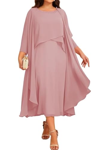 JIIL Chiffon Brautmutterkleider mit Jacke - Damen 2 Stück Formal Abendkleider 3/4 Ärmel Hochzeit Gast Kleid Staubige Rose 50 von JIIL