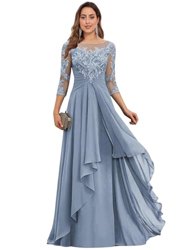 JIIL Chiffon Brautmutterkleider mit Jacke - Damen 2 Stück Formal Abendkleider 3/4 Ärmel Hochzeit Gast Kleid Staubiges Blau 40 von JIIL