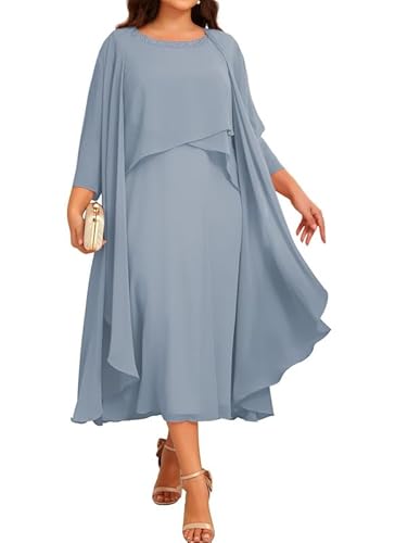 JIIL Chiffon Brautmutterkleider mit Jacke - Damen 2 Stück Formal Abendkleider 3/4 Ärmel Hochzeit Gast Kleid Staubiges Blau 48 von JIIL