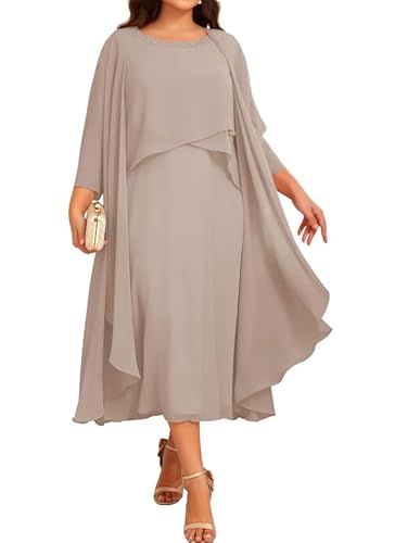 JIIL Chiffon Brautmutterkleider mit Jacke - Damen 2 Stück Formal Abendkleider 3/4 Ärmel Hochzeit Gast Kleid Taupe 38 von JIIL