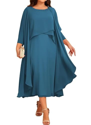 JIIL Chiffon Brautmutterkleider mit Jacke - Damen 2 Stück Formal Abendkleider 3/4 Ärmel Hochzeit Gast Kleid Teal 38 von JIIL