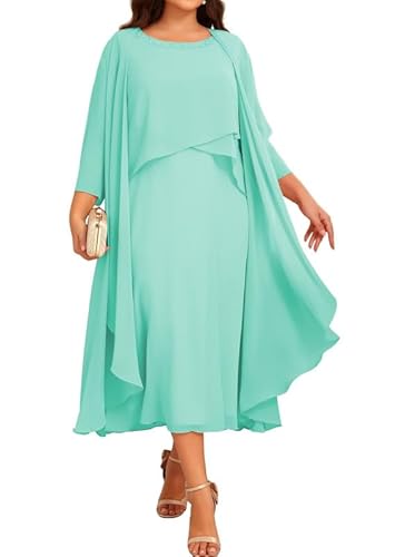 JIIL Chiffon Brautmutterkleider mit Jacke - Damen 2 Stück Formal Abendkleider 3/4 Ärmel Hochzeit Gast Kleid Türkis 46 von JIIL