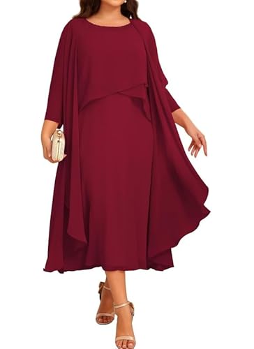 JIIL Chiffon Brautmutterkleider mit Jacke - Damen 2 Stück Formal Abendkleider 3/4 Ärmel Hochzeit Gast Kleid Weinrot 44 von JIIL