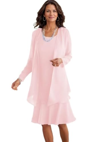 JIIL Chiffon Brautmutterkleider mit Jacket Knielang Lange Ärmel 2 Teilig Brautmutterkleider für Hochzeit Rose 40 von JIIL
