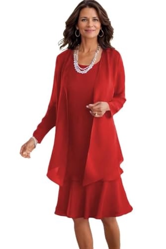 JIIL Chiffon Brautmutterkleider mit Jacket Knielang Lange Ärmel 2 Teilig Brautmutterkleider für Hochzeit Rot 48 JIIL Chiffon Brautmutterkleider mit Jacket Knielang Lange Ärmel 2 Teilig Brautmutterkleider für Hochzeit Rot 48 von JIIL
