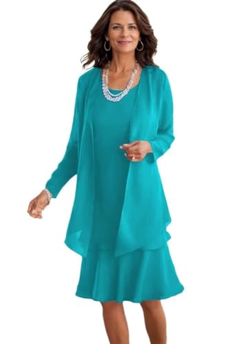 JIIL Chiffon Brautmutterkleider mit Jacket Knielang Lange Ärmel 2 Teilig Brautmutterkleider für Hochzeit Türkis 48 von JIIL