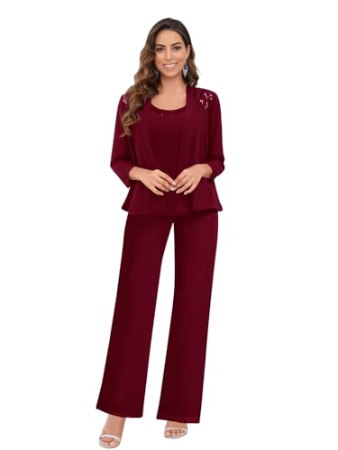 JIIL Chiffon Hosenanzüge für Damen mit Jacke 3-teilig Langarm Festlich Elegant Brautmutter Anzug für Hochzeit Burgund 46 von JIIL
