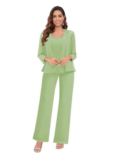 JIIL Chiffon Hosenanzüge für Damen mit Jacke 3-teilig Langarm Festlich Elegant Brautmutter Anzug für Hochzeit Sage 44 von JIIL