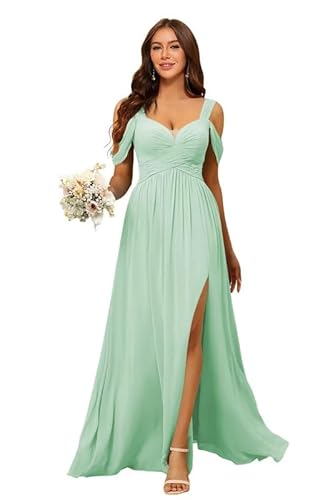 JIIL Chiffon Lang Brautjungfernkleider mit Schlitz kalte Schulter Abendkleider Lang Hochzeitskleid für Damen Mintgrün 44 von JIIL