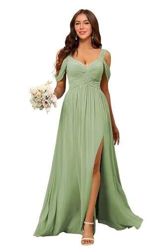 JIIL Chiffon Lang Brautjungfernkleider mit Schlitz kalte Schulter Abendkleider Lang Hochzeitskleid für Damen Salbeigrün 36 von JIIL