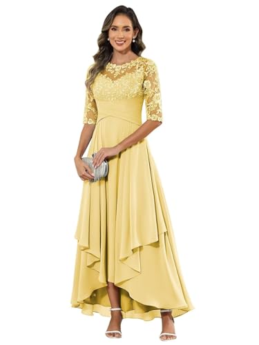 JIIL Chiffonkleid Damen,Damen Abendkleid Lang - Elegant Spitzen Brautmutterkleid Chiffon Formales Kleider Halbärmel Festliche Für Hochzeit Gelb 52 von JIIL