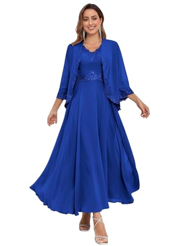 JIIL Chiffonkleid Damen,Damen Lang Brautmutterkleider Jacke Zweiteilig Hochzeit Elegant Abendkleider Spitzen Chiffon Pailletten Kleid Aqua 58 von JIIL