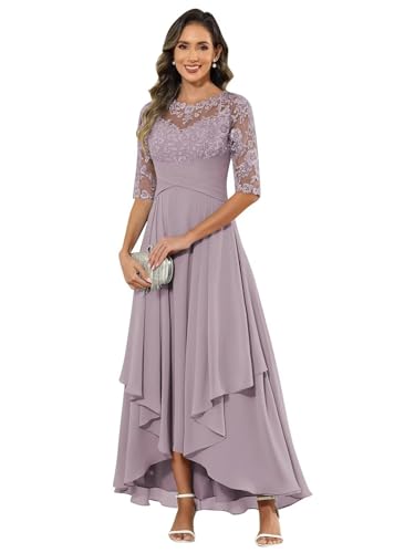 JIIL Chiffonkleid Damen Festlich,Damen Abendkleid Lang - Elegant Spitzen Brautmutterkleid Chiffon Formales Kleider Halbärmel Festliche Für Hochzeit Wisteria 40 von JIIL