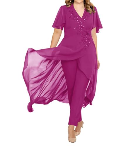 JIIL Damen 2 Stücke Abendanzug Chiffon Formell Abendkleid Set mit Ärmel Große Größen Fuchsie 48 von JIIL