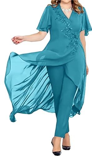 JIIL Damen 2 Stücke Abendanzug Chiffon Formell Abendkleid Set mit Ärmel Große Größen Jade 48 von JIIL
