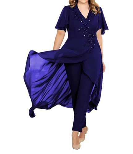 JIIL Damen 2 Stücke Abendanzug Chiffon Formell Abendkleid Set mit Ärmel Große Größen Königsblau 48 von JIIL