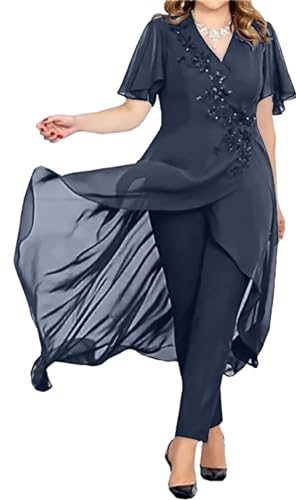 JIIL Damen 2 Stücke Abendanzug Chiffon Formell Abendkleid Set mit Ärmel Große Größen Navy-blau 48 JIIL Damen 2 Stücke Abendanzug Chiffon Formell Abendkleid Set mit Ärmel Große Größen Navy-blau 48 von JIIL
