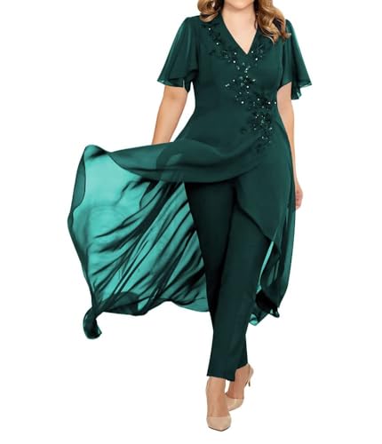 JIIL Damen 2 Stücke Abendanzug Chiffon Formell Abendkleid Set mit Ärmel Große Größen Pfau 48 von JIIL