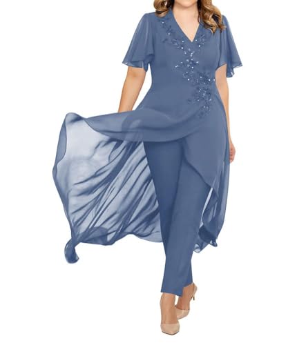 JIIL Damen 2 Stücke Abendanzug Chiffon Formell Abendkleid Set mit Ärmel Große Größen Schmutzigblau 48 von JIIL