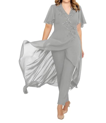 JIIL Damen 2 Stücke Abendanzug Chiffon Formell Abendkleid Set mit Ärmel Große Größen Silber 34 von JIIL