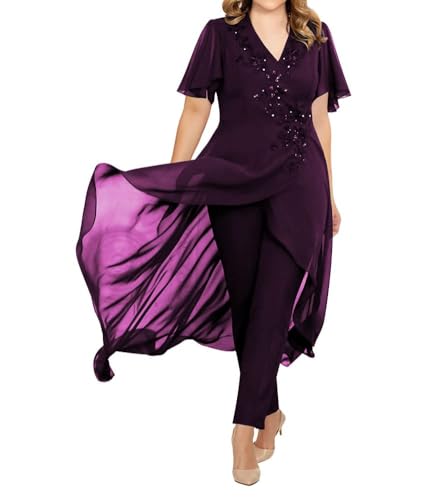 JIIL Damen 2 Stücke Abendanzug Chiffon Formell Abendkleid Set mit Ärmel Große Größen Traube 48 von JIIL