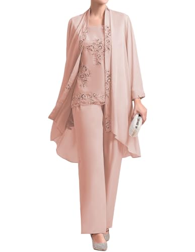 JIIL Damen 3 Stücke Abendanzug Chiffon Langarm Brautmutterkleid mit Bolero Große Größen Altrosa 40 von JIIL