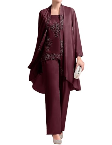 JIIL Damen 3 Stücke Abendanzug Chiffon Langarm Brautmutterkleid mit Bolero Große Größen Dunkel rot A 54 von JIIL