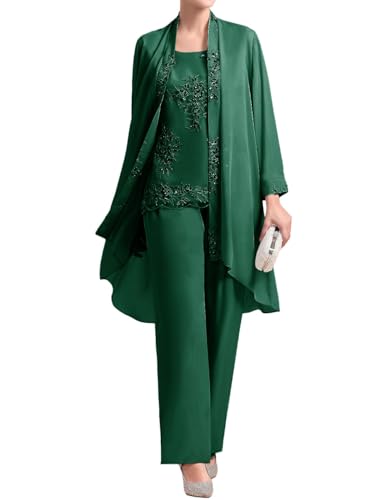 JIIL Damen 3 Stücke Abendanzug Chiffon Langarm Brautmutterkleid mit Bolero Große Größen Dunkelgrün 54 von JIIL
