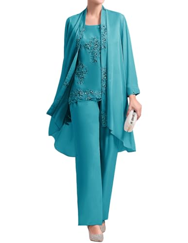 JIIL Damen 3 Stücke Abendanzug Chiffon Langarm Brautmutterkleid mit Bolero Große Größen Jade 54 von JIIL