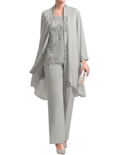 JIIL Damen 3 Stücke Abendanzug Chiffon Langarm Brautmutterkleid mit Bolero Große Größen Silber 40 von JIIL