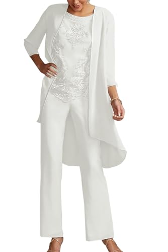 JIIL Damen 3 Teilig Chiffon Hosenanzug - Elegant Abendanzug Set mit Jacke Langarm Festliche Hosen Set Elfenbein 54 von JIIL