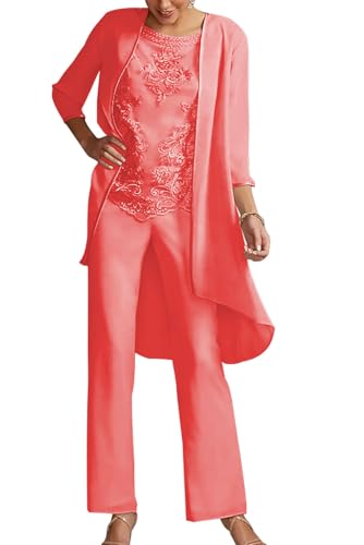 JIIL Damen 3 Teilig Chiffon Hosenanzug - Elegant Abendanzug Set mit Jacke Langarm Festliche Hosen Set Koralle 40 von JIIL