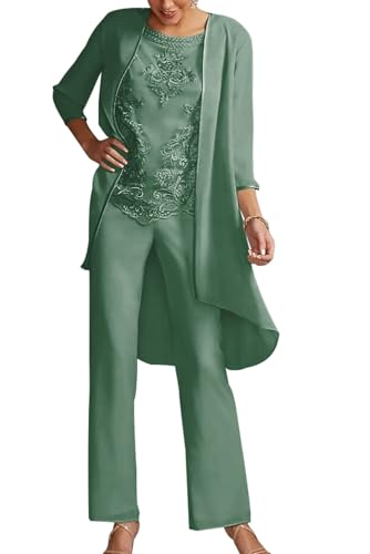 JIIL Damen 3 Teilig Chiffon Hosenanzug - Elegant Abendanzug Set mit Jacke Langarm Festliche Hosen Set Salbeigrün 40 JIIL Damen 3 Teilig Chiffon Hosenanzug - Elegant Abendanzug Set mit Jacke Langarm Festliche Hosen Set Salbeigrün 40 von JIIL