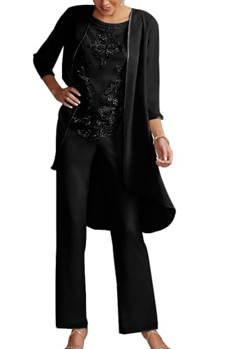 JIIL Damen 3 Teilig Chiffon Hosenanzug - Elegant Abendanzug Set mit Jacke Langarm Festliche Hosen Set Schwarz 54 von JIIL