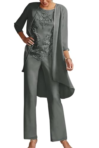 JIIL Damen 3 Teilig Chiffon Hosenanzug - Elegant Abendanzug Set mit Jacke Langarm Festliche Hosen Set Stahlgrau 54 von JIIL