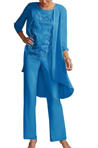 JIIL Damen 3 Teilig Hosenanzug - Elegant Abendanzug Set mit Jacke Langarm Festliche Hosen Set Meerblau 40 von JIIL