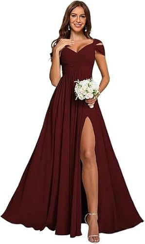 JIIL Damen Abendkleid,Damen Off Shoulder Chiffon Brautjungfernkleider Lang - Formeller A-Linie V-Ausschnitt Lang Abendkleider Elegant Hochzeit Schlitz Burgund 42 von JIIL