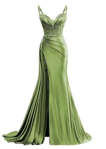 JIIL Damen Abendkleid Lang V-Ausschnitt - Satin Ballkleider mit Schlitz Spitze Spaghettiträger Schulballkleid Grasgrün 52 von JIIL
