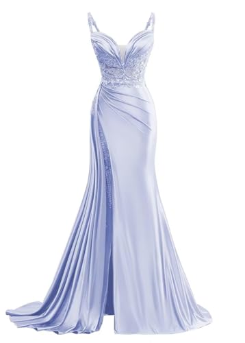 JIIL Damen Abendkleid Lang V-Ausschnitt - Satin Ballkleider mit Schlitz Spitze Spaghettiträger Schulballkleid Lavendel 42 von JIIL