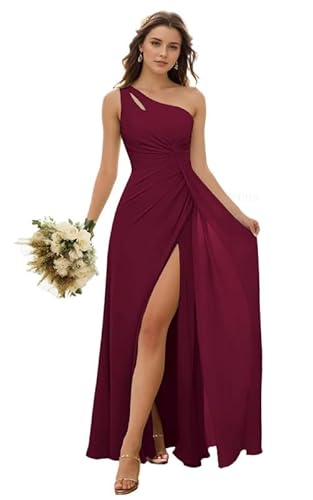 JIIL Damen Abendkleid Lang mit Schlitz Eins Schulter Brautjungfernkleider Chiffon Kleider Elegant für Hochzeit Burgund 34 von JIIL